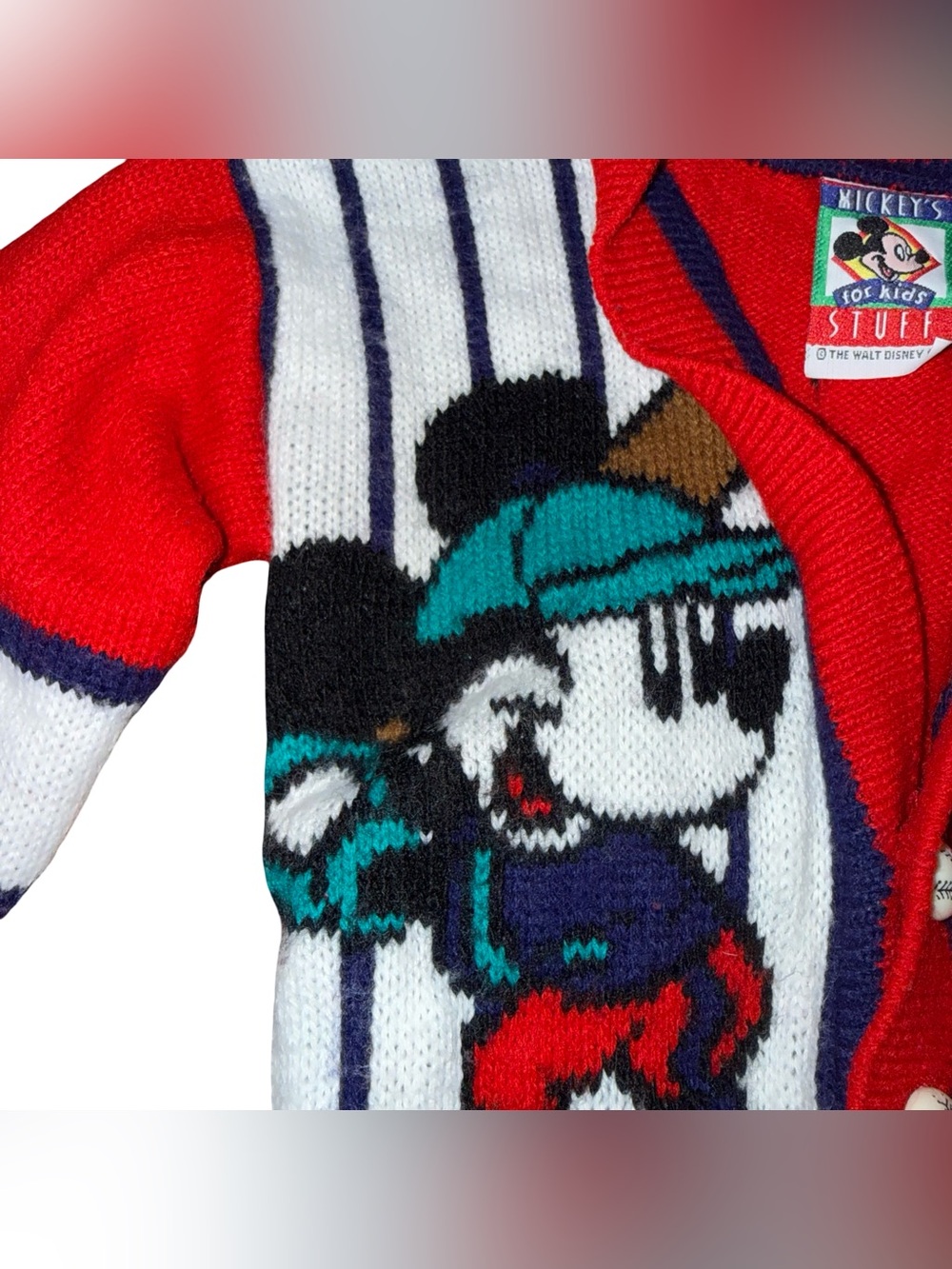 Vintage Walt Disney Mickey Red Knit Sweater Cardigan Varsity Colorblock Sz 3T - Picture 2 of 9